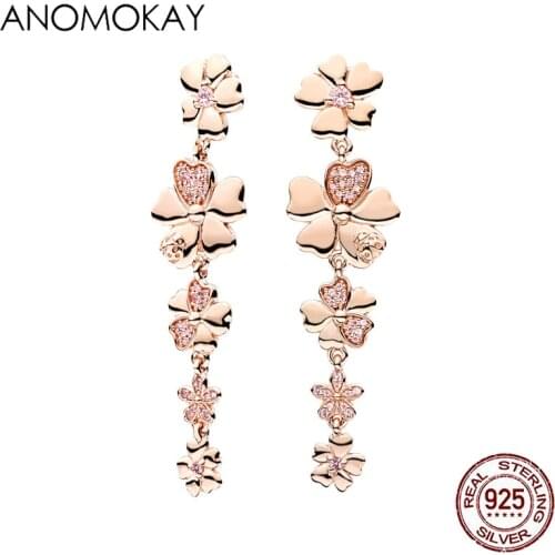 Authentic 925 Sterling Silver Clear CZ Long Flowers Earrings for Women Girl Jewelry Gift Silver 925 Rose Gold Ear Ornament