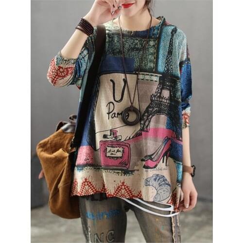 Summer Autumn Sweater Women Retro Loose Print Pattern Pullovers Tops New Ladies O-Neck Casual Streetwear Blended Sweater