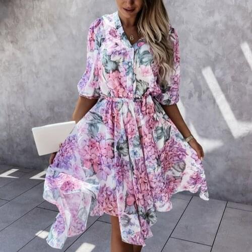 Floral Print Womens Midi Dress V-neck Single Breasted Half Sleeve Female Irregular Dresses 2021 Summer Lady Fashion Vestidos