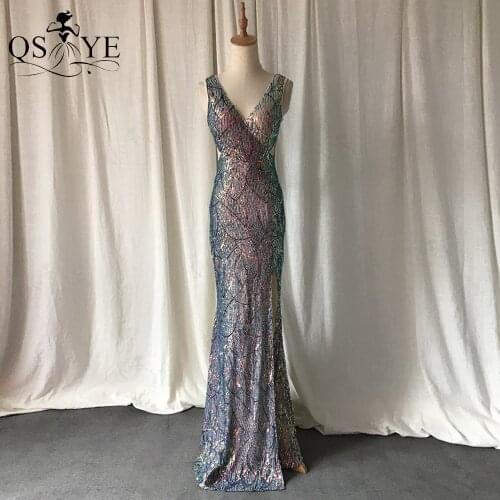 QSYYE Colorful Sequin Evening Dresses Long Mermaid Prom Gown Glitter V Neck Sequin Patten Lace Formal Party Dress Hollow Waist