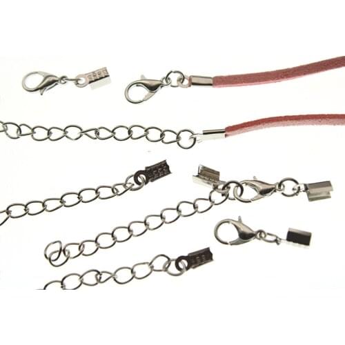 20set/lot Crimp end Caps Beads Lobster Clasps Extended Chains fit 3mm Flat Leather Cord Necklace Connectors String ribbon clips