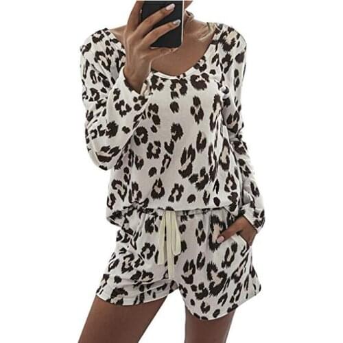 2020 Summer Pajama Set Women Shorts Lounge Wear Home Suit Leopard Pajama Suit Long Sleeve Nightgown Homewear Women