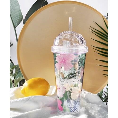 420ml Creative 2-layer Cup Diamond Blooming Flower Personality Trend Summer Insulated Water Cup With Plastic Straw