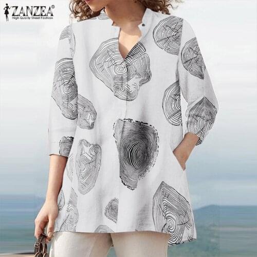ZANZEA Women Summer 3/4 Sleeve Printed Blouse Vintage Tunic Tops Casual Loose Floral Blusas Cotton Chemise Elegant Shirt Femme