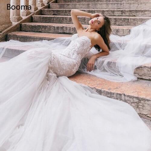 Booma Elegant Mermaid Wedding Dresses Sweetheart Backless Trumpet Bridal Gowns Lace Appliqued Tulle Long Bride Dresses