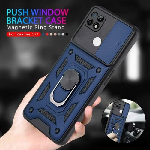 For Realme C21 Case Push Camera Protection Armor Cover On RealmeC21 Realmy Realmi C 21 21C Car Magnetic Holder Ring Stand Coque