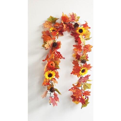 180cm Artificial Plant Autumn Maple Leaves Pumpkin Sunflower Vines Autumn Rattan For Halloween Thanksgiving Window Decoration