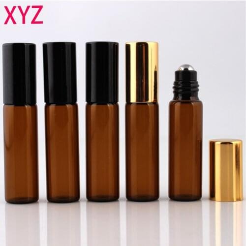 Jxcaih 100Pcs Amber Essential Oil Perfume Bottle Stainless Steel Rollable Cosmetic Glass Container Sample Empty Bottle 10Ml