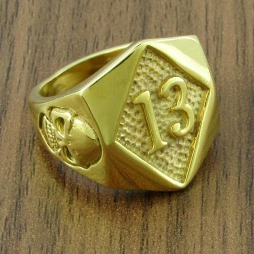 Gothic 316L Stainless Steel Golden Plated Big Skeleton Head Number 13 Ring Jewelry