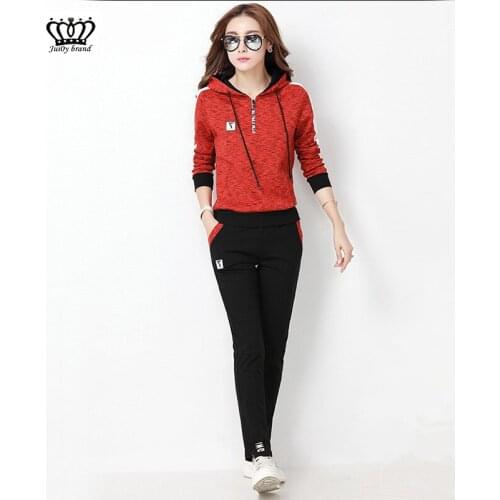 Spring Fall / Female Sporting Suits Ladies Slim 2 Pieces Sets Cotton Women Hooded zipper Tops and Long Pants Female