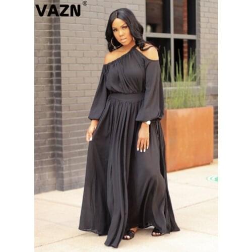 VAZN New 2020 Elegant O-neck Solid Black Shinny Fashion Full Sleeve Maxi Dress Sexy Holiday Shinny Young Lady Maxi Dress