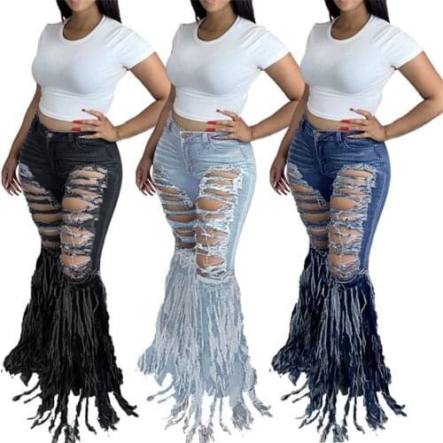 2020 new woman ripped flared jeans fashion tassel denim long pants casual hipster jeans S-3XL drop shipping