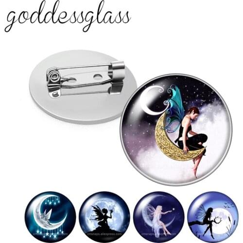 New Moon Fairy Purple Moon wings Girl Round Glass cabochon Silver color Brooch Dome Photo Jewelry Brooches Pin For Gift
