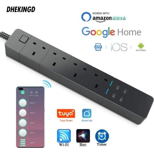 Smart Power Strip UK WiFi Works with Alexa, GoogleHome, Multi Plug 4 AC Outlets & 4 USB Charging Ports,Voice Control