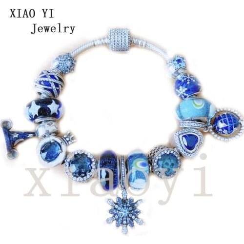 XIAOYI 2020 new 100% s925 Blue magic hat snow glass crown cats eyes Stars are spherical Heart gentle Bracelet female