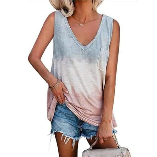 Summer Tie-Dye Printing V-Neck Sleeveless T-shirt New Women Casual Loose Tees Tops Plus Size Ladies Splicing Pocket T Shirt 5XL