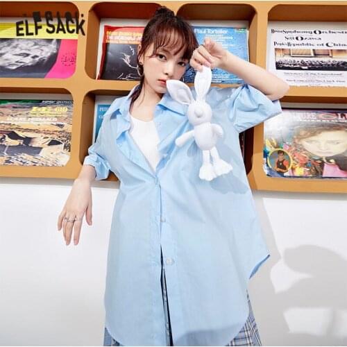 ELFSACK Rabbbit Blue Solid Single Breasted Casual Shirt Women,2021 Spring Pure Vintage Full Sleeve Korean Ladies Basic Daily Top