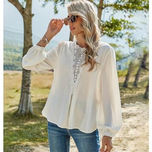 2021 Spring Summer Women Casual Long Blouse Shirts O Neck Lace Chiffon White Shirts Fashion Female Floral Tops Female Blusas