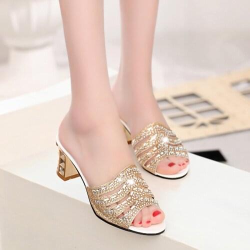 2021 Women Rhinestone High Heel Sandals Open Toe Sexy Spring Summer Shoes Plus Size 41 Flip flops