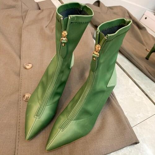 Autumn New Pointed Toe Leather Ankle Boots Women Front Zipper Botines Mujer Fashion Party Thin High Heels Botas Mujer 2020