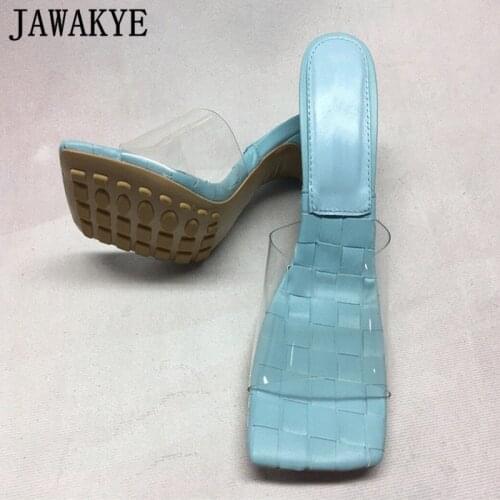 Clear PVC One Strap High Heels Women Mules Sqaure Toe Woven Leather Party Dress Slides Sexy Summer Transparent Runway Slippers