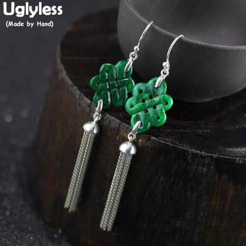 Uglyless Vintage Chinese Knot Emerald Earings for Women Real 925 Silver Chains Tassel Earrings Ethnic Brincos Fine Jewelry E1430