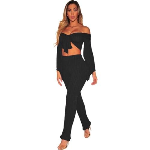 Two Piece Outfits for Women Strapless Long Sleeve Sexy Clubwear Crop Top Pants Sets Bodycon