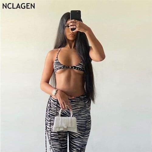 NCLAGEN Vintage Zebra Striped Print Suit Set Lace Up Halter Bra Camis Crop Top Stitched Casual Pants Women Summer Two Pieces Set