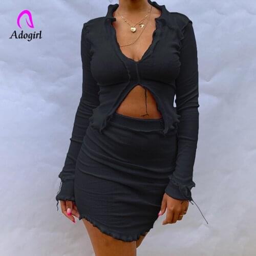 White Sexy Women Skirt Sets Two Pieces Ribbed Streetwear V-Neck Long Sleeve Tops Elastic High Waist Skirts Autumn Female Suits