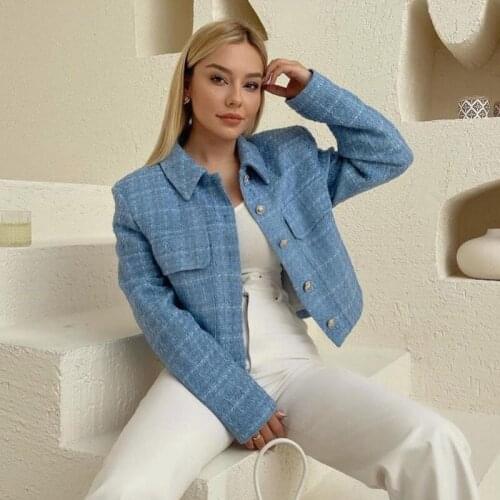 Ardm Casual Blue Tweed Coat Women Loose Single Breasted With Pockets Jacket Street Style Chic Crop Tops Vintage Spring Outwear