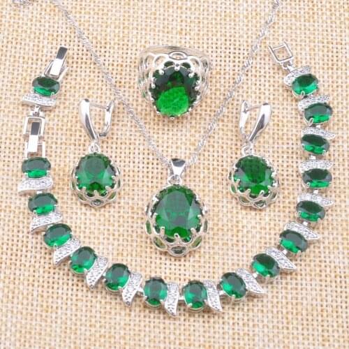 Green Zirconia Jewelry Sets Womens Party Jewellry With Bracelet Silver Color Necklace And Earrings Rings Set Top Gift
