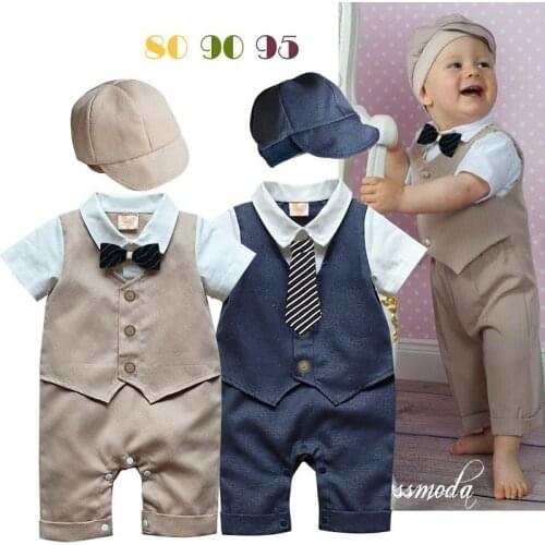 2018 Navy Beige Fashion Baby Boys Clothes 0-2Years Baby Rompers Tuxedo Jumpsuit+Hat Vest Baby Clothing Set Costume Party Dress