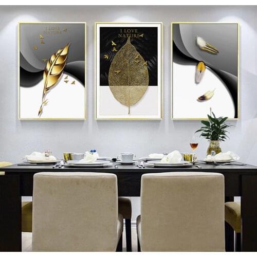 3 Pieces Abstract Wall Art Golden Leaves Feather Canvas Poster Print Painting Nordic Decorative Pictures For Living Room Decor