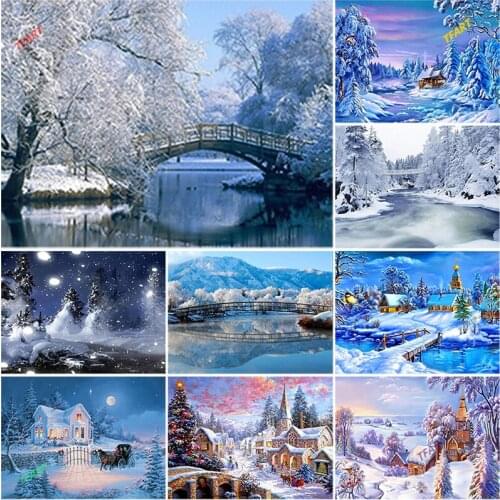 DIY 5D Diamond Painting Snow Scenery Full Round Rhinestone Diamond Embroidery Mosaic Cross Stitch Winter Landscape Home Decor