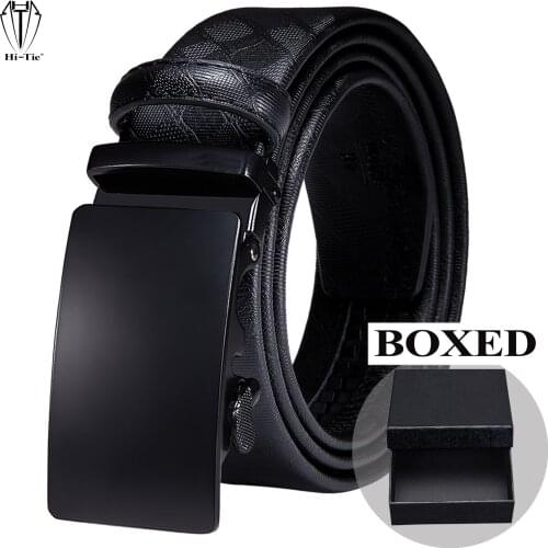 Designer Boxed Black Genuine Leather Mens Belts Top Quality Automatic Buckles Formal Waistband Ratchet for Dress Jeans Gift XXXL