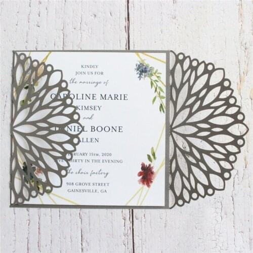 Elegant bridal invitations floral grey laser cut hollow cards envelops personalized printing 50 pcs
