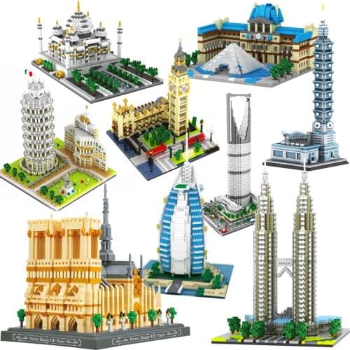 City Architecture Building Blocks Big Ben Eiffel Tower Taj Mahal Pyramid Lodon Pair Dubai Street View Micro Construction Toys