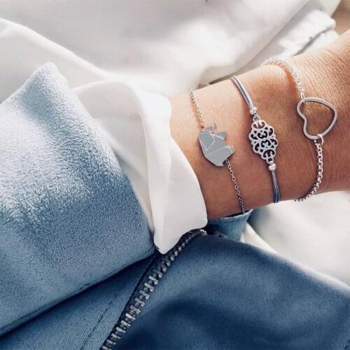 3-Piece Fashion Elephant Heart-shaped Bracelet Set Bohemian Womens National Style Silver Color Bracelet Fashion Jewelry Gift
