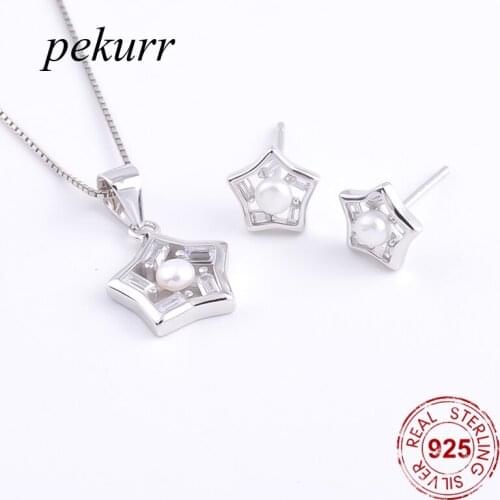 Pekurr 925 Sterling Silver Mini Zircon Star Freshwater Natural Pearl Earrings Necklace Sets For Women Pendants Jewelry Sets