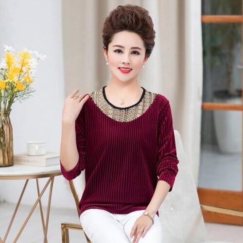 Lace Velvet T-Shirt Women Long Sleeve Tops Spring Autumn Middle Aged Clothing Fashion Slim Plus Size 5XL Mother Tee 2021 New
