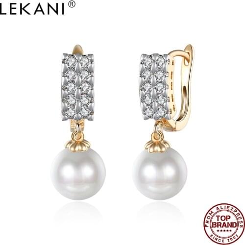 LEKANI Imitation Pearls Drop Earrings For Women Double Row Cubic Zirconia Earring Anniversary Champagne Gold Fashion Jewelry