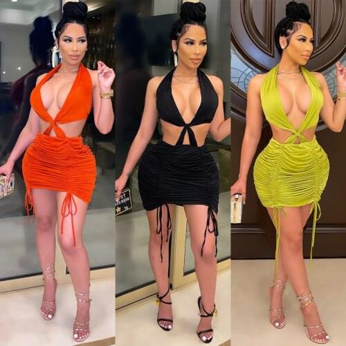 Echoine Wrap Halter Backless Mini Dress Ladies Party Night Club Dresses Summer Skinny Sexy Pleated Stacked Sundress Outfits