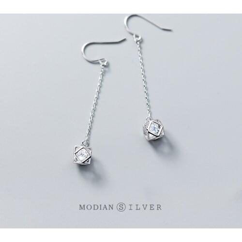 Modian Sparkling Geometric Clear CZ Drop Earrings for Women 100% Real 925 Sterling Silver Studs Jewelry for Wedding Engagement