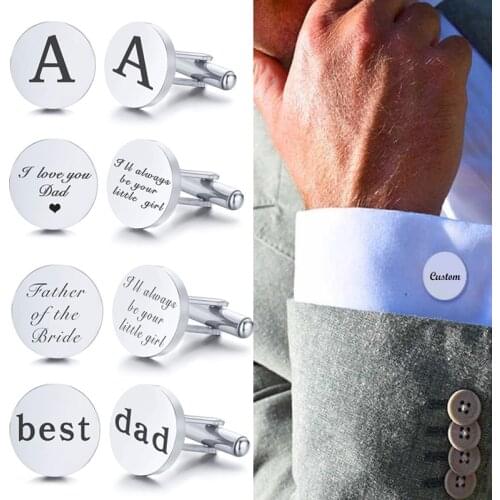 Stainless Steel Mens Cufflinks Custom Wedding Date Shirt Cuff Button Round Clip Llink Best Man Dad Husbands Gifts