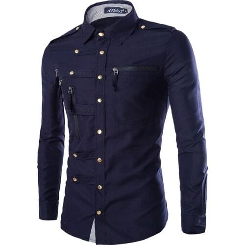 New Arrival Spring/Autumn Men Long Sleeve Cargo Shirt Casual Slim Fit Fashion Epaulet Double Pocket Mens Dress Shirt M L XL XXL
