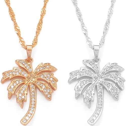 Anniyo Light Gold Color Coconut Tree Pendant Necklace Women Girl Guam Hawaii Micronesia Zirconia Palm Tree #065804