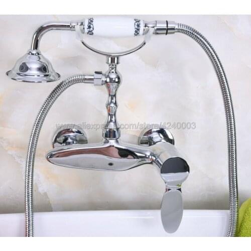 Polished Chrome Wall Mounted Bathroom Faucet Bath Mixer Tap With Hand Shower Head Shower Faucet Kna180