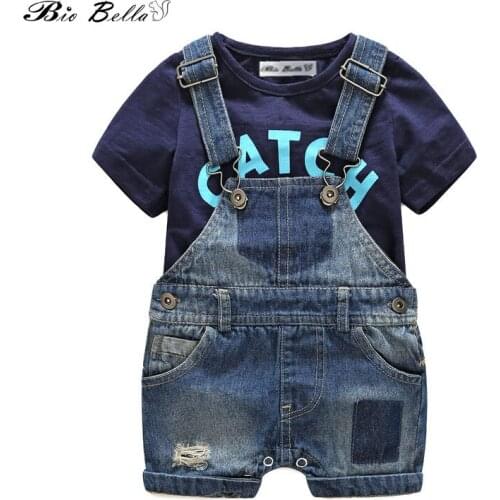 New Children Clothing Sets Boys Sports Suits Summer Baby Boy Clothes Letter T-shirt+Denim Suspender Trousers 2pcs Clothes Set