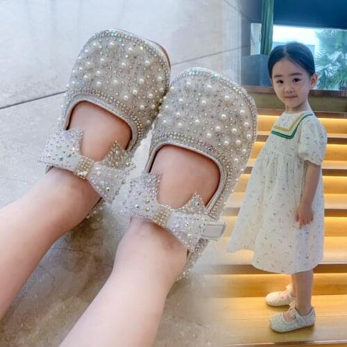 Girls Flat Shoes 2021 Summer New Kids Fashion Rhinestone Pearl Little Girl Cute Bow Princess Small Leather Shoes baby kids shoes