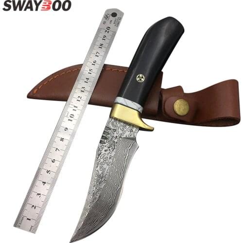 Swayboo High quality Handmade forged Damascus Steel advanced gift camping hunting fixed knife ebony handle first layer packing
